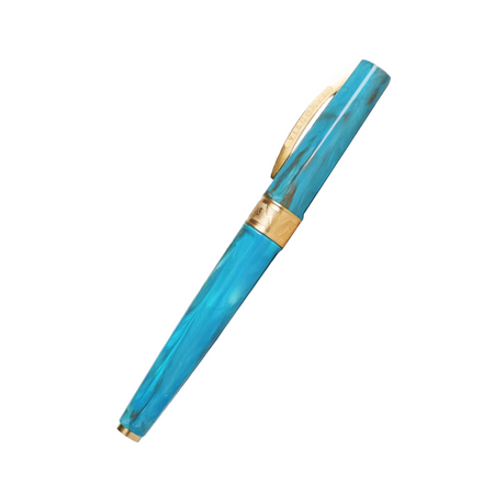 Visconti Mirage Mythos Athena rollerball pen with detailed gold and blue design, showcasing elegant craftsmanship and intricate patterns.