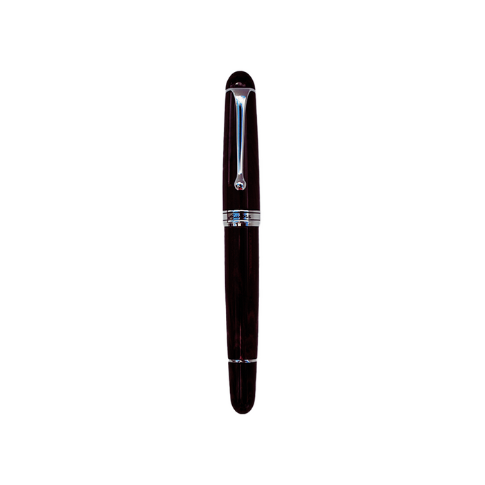 Aurora Ebonite Magenta fountain pen with smooth black grip and gold accents, showcasing elegant writing instrument design.