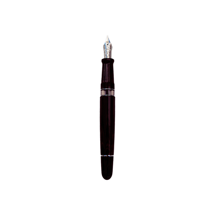 Aurora Ebonite Magenta fountain pen with gold accents and smooth ink nib, showcasing elegant writing instrument design.