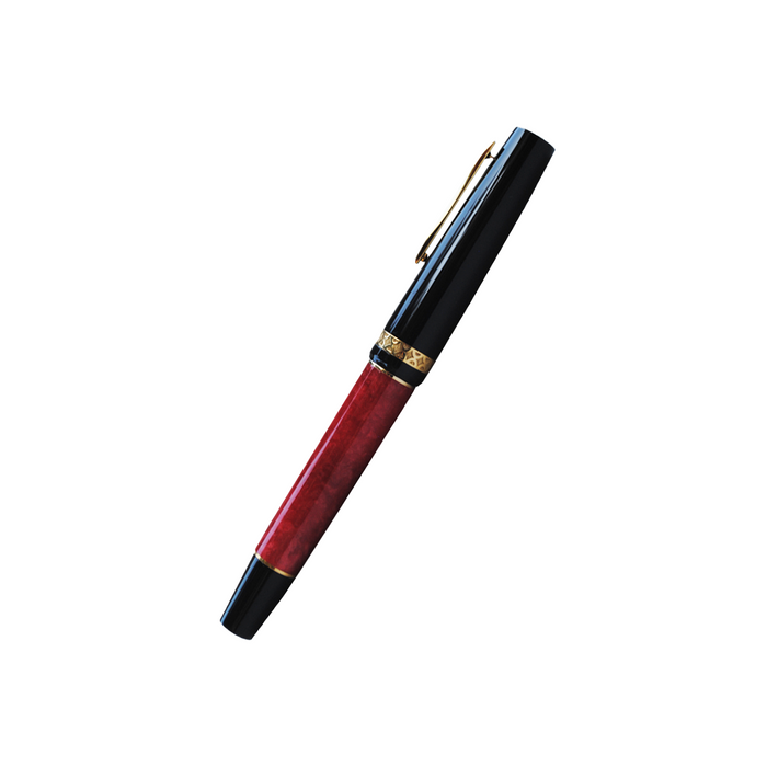 Gioia Rossa red fountain pen with gold trim, elegant writing instrument with a glossy finish and metallic accents.