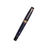 Aurora Optima violet fountain pen with rose gold trim, featuring sleek design and elegant blue ink filling the pen.