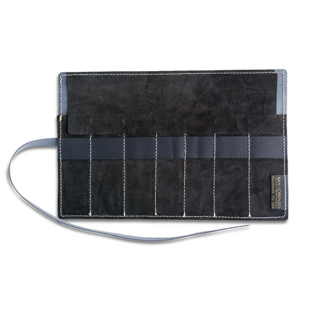 San Lorenzo navy leather pen case with a sleek, cylindrical design and stitched detailing, ideal for storing writing pens and accessories.