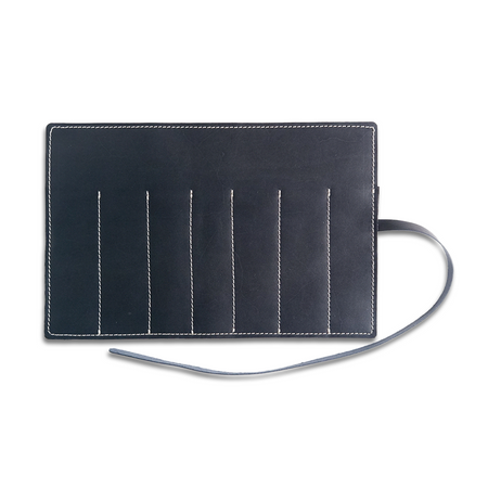 San Lorenzo navy leather pen case with multiple compartments, designed for stylish storage of pens and writing instruments.