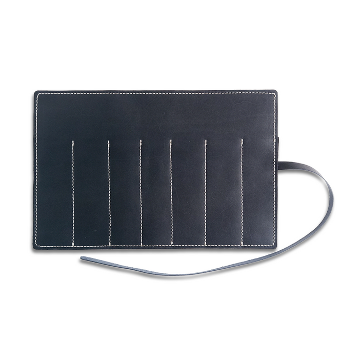 San Lorenzo navy leather pen case with multiple compartments, designed for stylish storage of pens and writing instruments.
