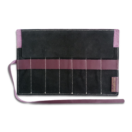 San Lorenzo leather pen case in burgundy with a sleek, cylindrical design and visible stitching for stylish protection of writing instruments.