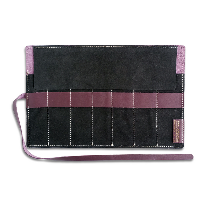 San Lorenzo leather pen case in burgundy with a sleek, cylindrical design and visible stitching for stylish protection of writing instruments.