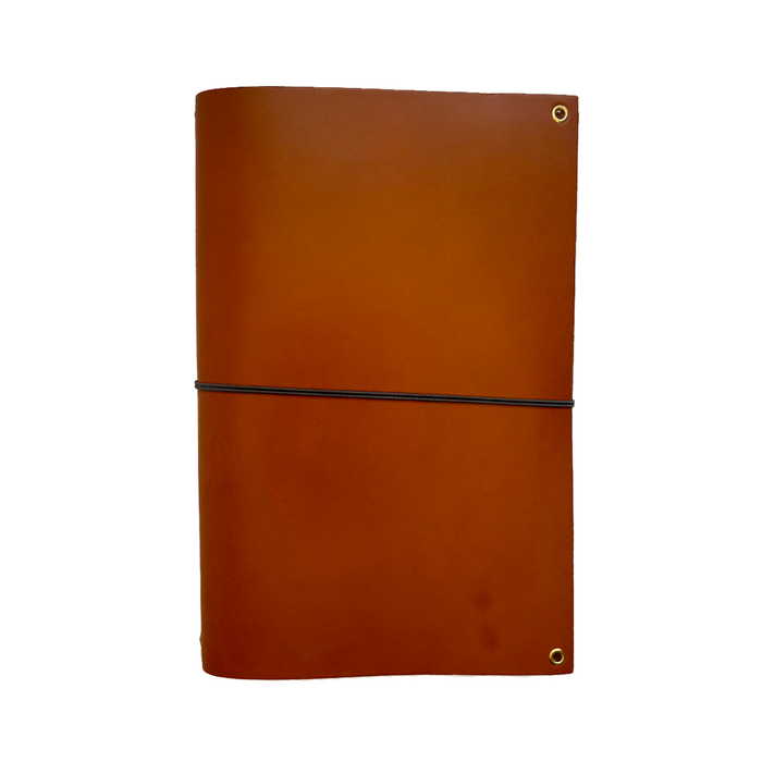 Imperfect Concepts Baxter A5 bifold folio journal cover in rich cognac leather with a sleek, minimalist design.