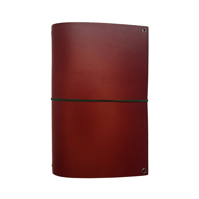 Maroon A5 bifold journal cover by Imperfect Concepts featuring a sleek, minimalist design and textured leather finish.
