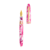 Open Esterbrook Estie Bestie fountain pen with a pink resin body and gold accents, showcasing its elegant design and craftsmanship.