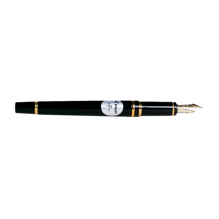 Pilot Grance black fountain pen with sleek design and gold accents, shown with cap on and nib visible.