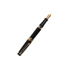 Aurora Optima black fountain pen with gold trim, sleek design and smooth nib, shown on a white background.