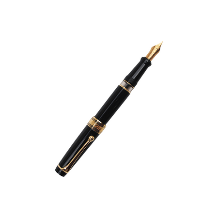 Aurora Optima black fountain pen with gold trim, sleek design and smooth nib, shown on a white background.