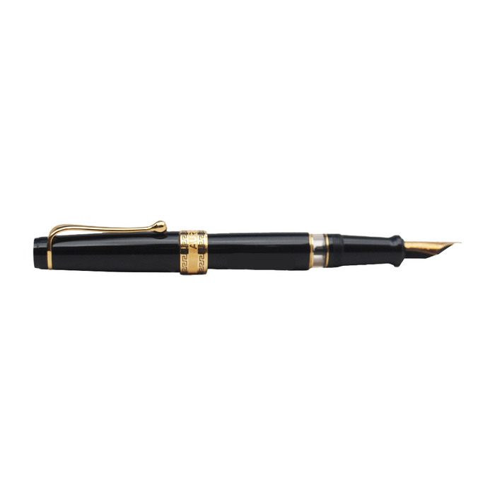 Aurora Optima black fountain pen with gold trim, showcasing its elegant design and smooth writing nib.