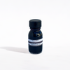 Bottle of Papier Plume fountain pen ink in Black Peony color, with black ink swatch on white background.