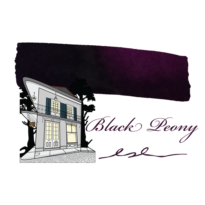 Swatch of Papier Plume Black Peony fountain pen ink showing deep black and pinkish hues on paper.