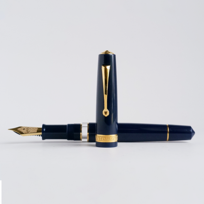 Armando Simoni Club Bologna Portofino Bespoke 2024 fountain pen in Blu Mare with gold accents, shown with its elegant design and cap.