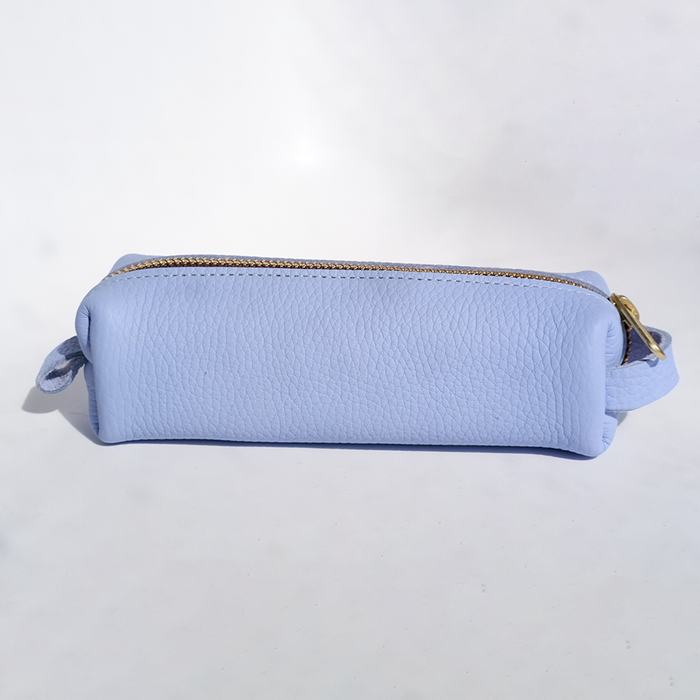 Blue San Lorenzo pen case with zipper closure, shown open with pens inside, made of durable material for everyday use.