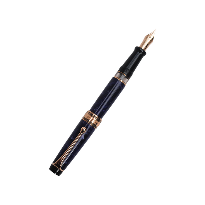 Aurora Optima Violet Auroraloide fountain pen with rose gold trim, featuring a sleek blue body and elegant design.