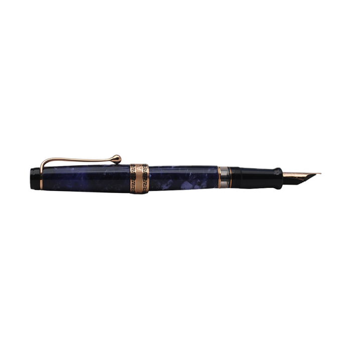 Aurora Optima violet fountain pen with rose gold trim, featuring a sleek blue body and elegant design.