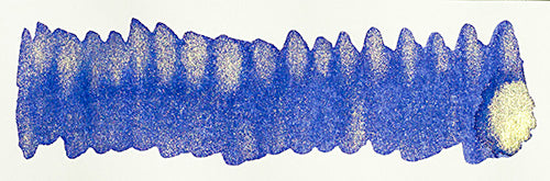 Diamine Shimmertastic Blue Flame fountain pen ink with shimmering blue and gold accents, in a glass ink bottle.