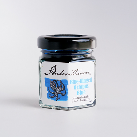 Blue Fountain Pen Ink from Anderillium featuring a vibrant blue color and an image of a blue ringed octopus on the bottle label