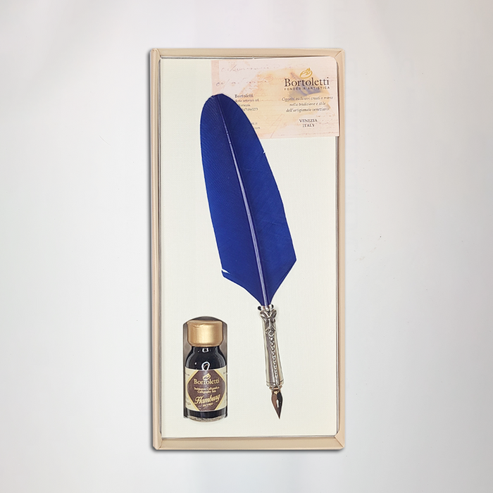 Blue glass dipping pen set by Bortoletti with feather design, ideal for calligraphy and artistic writing.