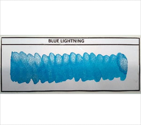 Diamine Shimmertastic Blue Lightning fountain pen ink in a bottle with shimmering blue ink visible inside.