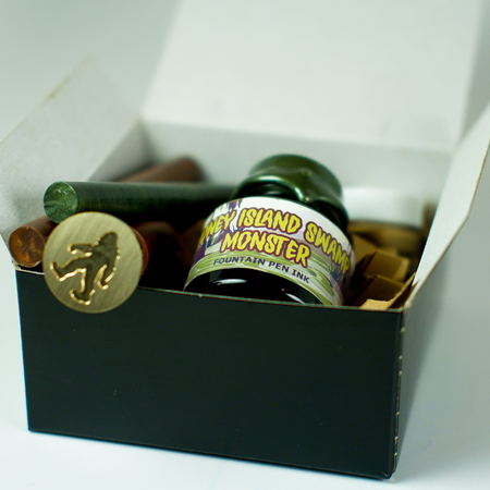 Papier Plume Honey Island Swamp Monster fountain pen ink set in a decorative box, limited edition ink collection for writing and art.