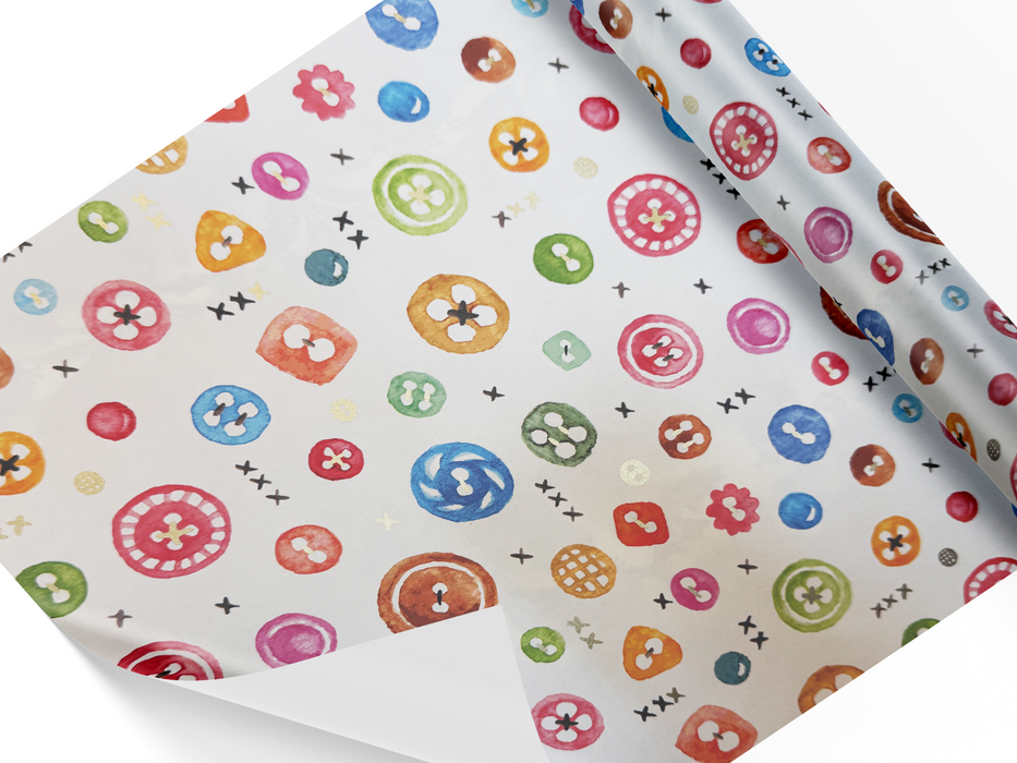 Rossi wrapping paper featuring a pattern of colorful buttons, perfect for gift wrapping and decorative packaging.