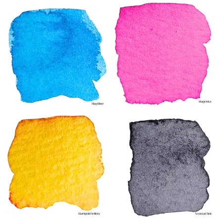 Peerless Watercolors CMYK primary colors set showing vibrant pigment swatches on paper.