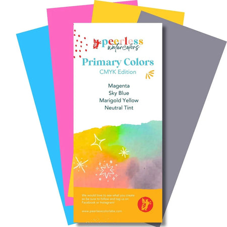 Peerless Watercolors CMYK primary colors set with vibrant watercolor swatches and packaging, ideal for artistic painting projects.