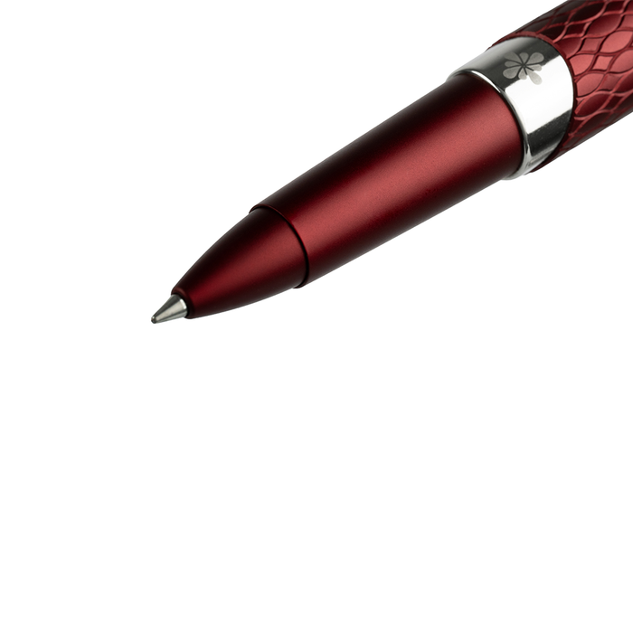 Diplomat Cobra rollerball pen in burgundy red with a sleek design and metallic accents, showcasing the front section of the pen.