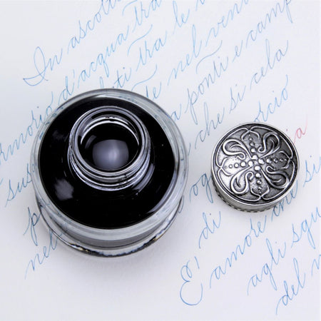 Bortoletti Marin inkwell with elegant ceramic design, featuring a rounded shape and decorative blue and white pattern.