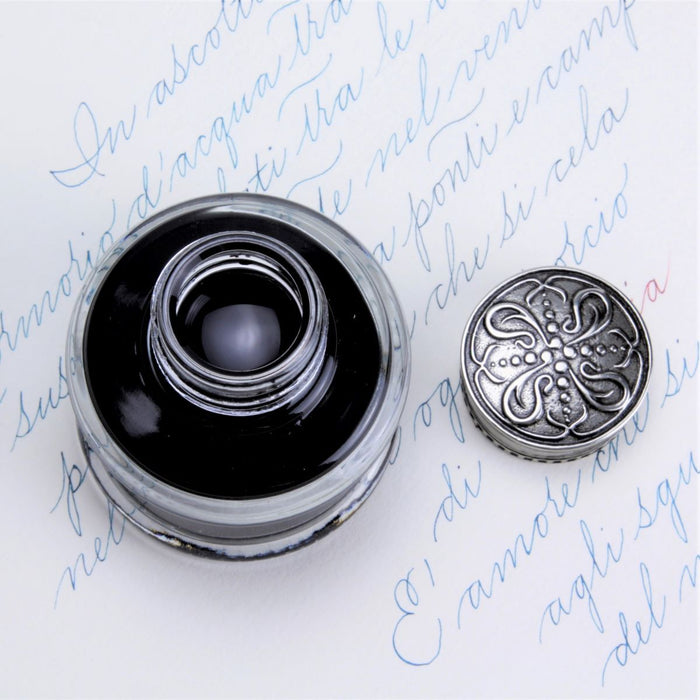 Bortoletti Marin inkwell with elegant ceramic design, featuring a rounded shape and decorative blue and white pattern.