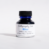 Blue Papier Plume bottled calligraphy ink in a clear glass bottle with a black screw cap, showcasing smooth, vibrant ink.