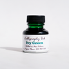 Papier Plume bottled calligraphy ink in vibrant ivy green, with a glass ink bottle and calligraphy pen on a white background.