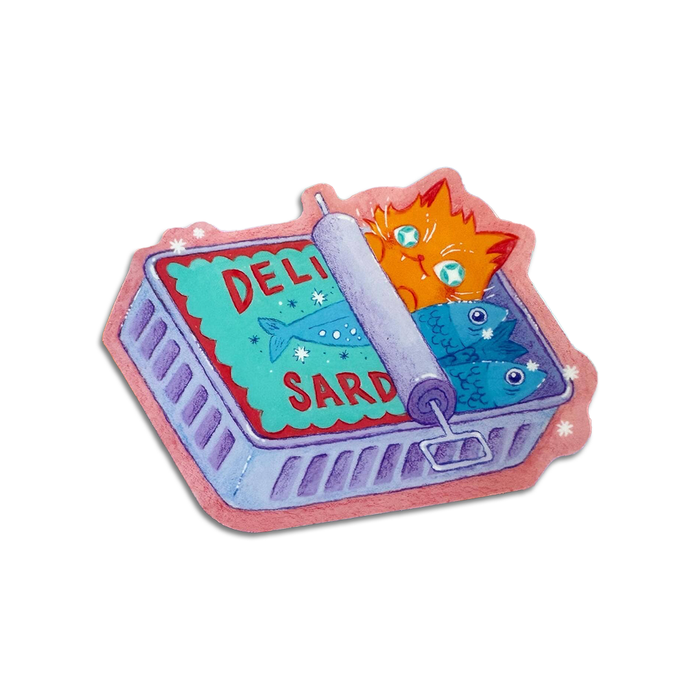 Matte sticker of a playful cat inside a sardine can, designed by BBall Y'all, ideal for decorating laptops or notebooks.