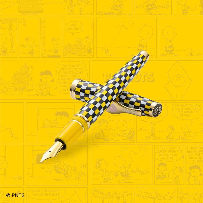 Esterbrook Charlie Brown Estie fountain pen with comic-style background, featuring a classic Peanuts character design.