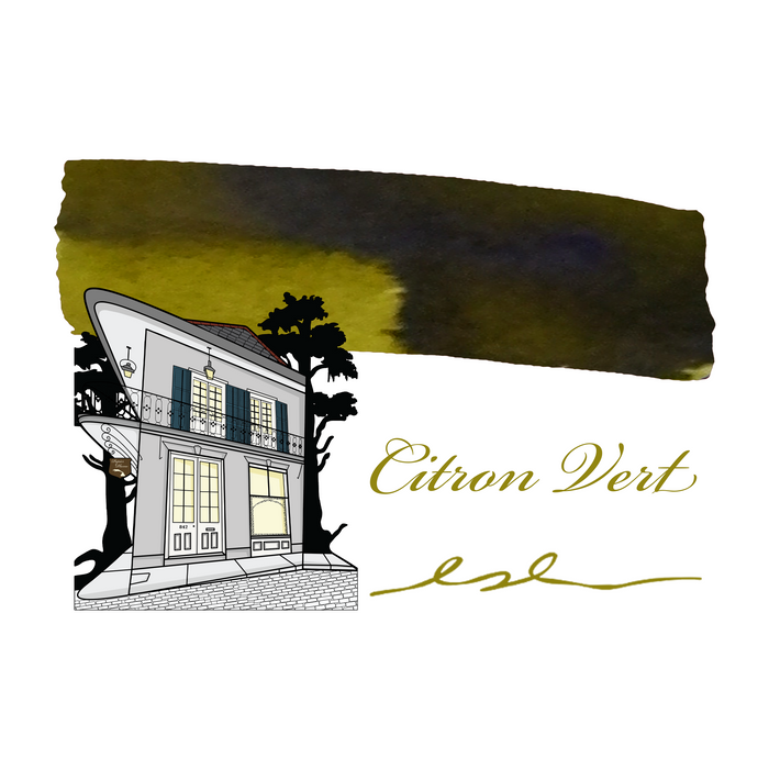 Swatch of Papier Plume Citron Vert fountain pen ink showing vibrant green-yellow color on paper.