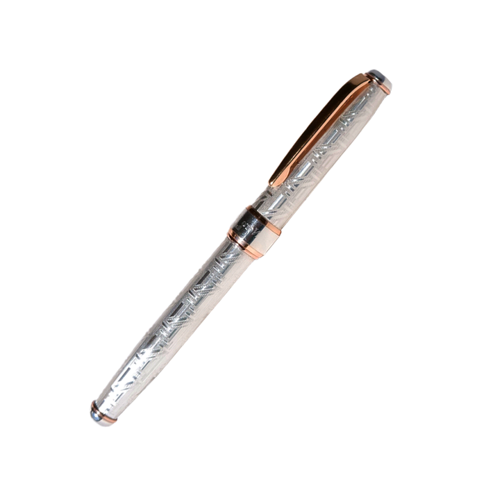 Grifos Cityscape fountain pen with detailed city skyline design, featuring sleek black body and silver accents.