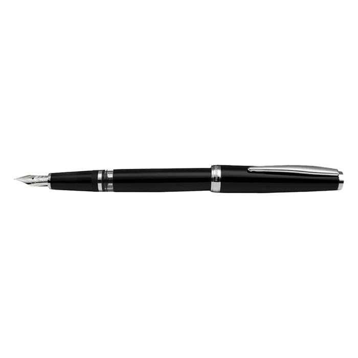 Cleo Skribent Classic Piston Fountain Pen in black with gold accents and a sleek design, displayed on a white background.