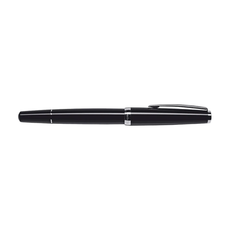 Cleo Skribent classic black piston fountain pen with gold accents and a sleek design, shown from a side angle.