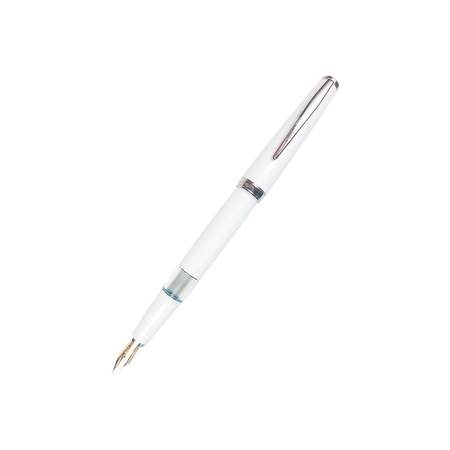 Cleo Skribent Classic Paladium fountain pen with white body, piston filling mechanism, and 14k gold nib.