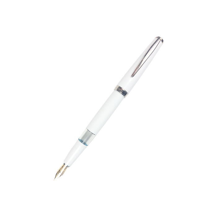 Cleo Skribent Classic Paladium fountain pen with white body, piston filling mechanism, and 14k gold nib.