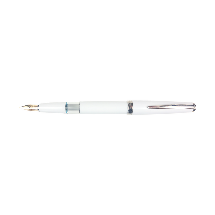 Cleo Skribent Classic Paladium fountain pen with white finish, piston filling mechanism, 14k gold nib, and elegant design.