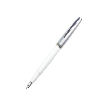 Cleo Skribent Classic Palladium fountain pen in white with silver accents, cartridge and converter included, elegant writing instrument.