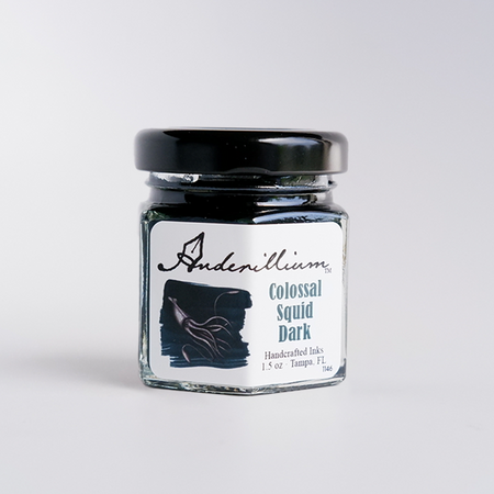 Anderillium Colossal Squid Dark fountain pen ink in a bottle with deep, dark ink visible in the glass container.