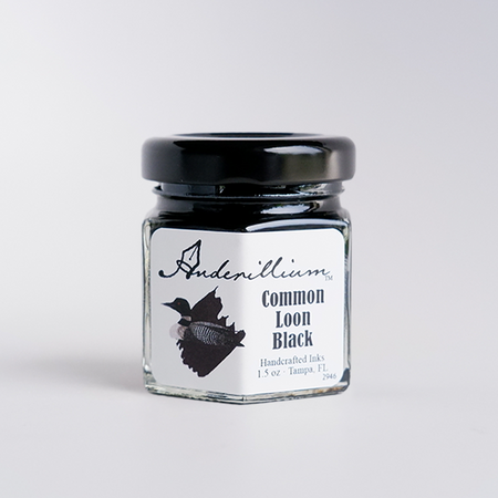 Black fountain pen ink in a bottle from Anderillium's Common Loon collection, featuring sleek packaging and rich color.
