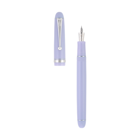 Pilot Custom 74 fountain pen with lavender fog resin body and silver trim, featuring a fine nib and transparent ink window.