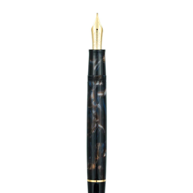 Omas Bologna Galassia gold trim fountain pen with sleek design and elegant detailing on a white background.
